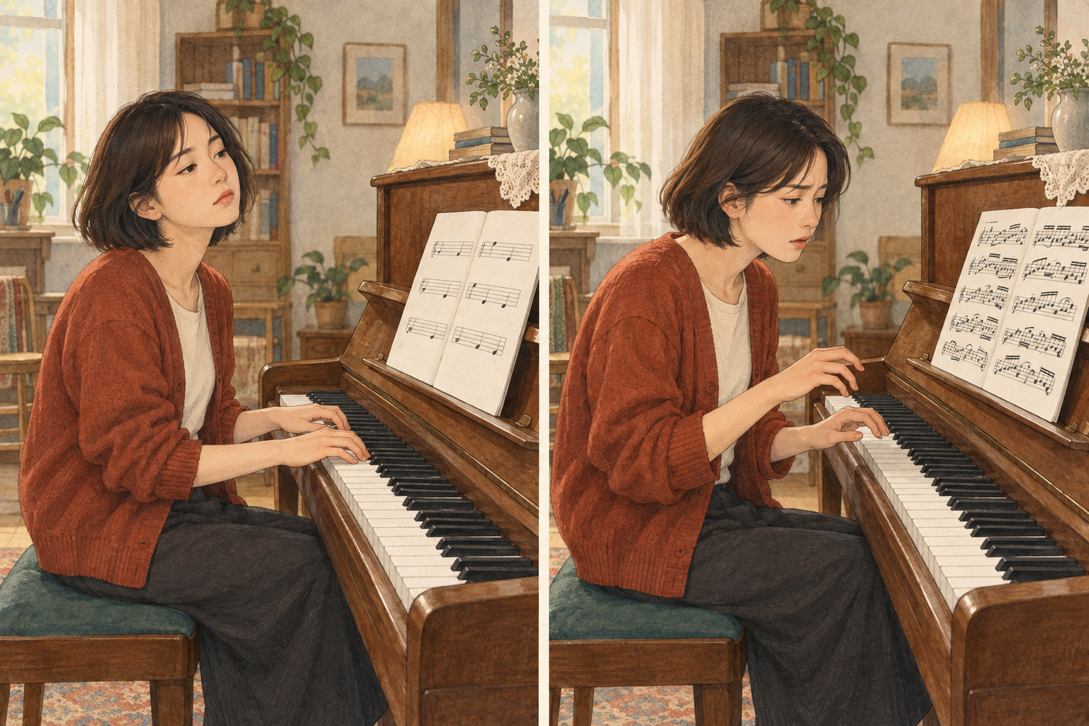 같은 사람이 피아노를 연습하는 두 장면. 왼쪽은 단순한 악보를 반복하며 시선이 다른 곳을 향하고, 오른쪽은 복잡한 악보 앞에서 손이 멈춰 있다.
