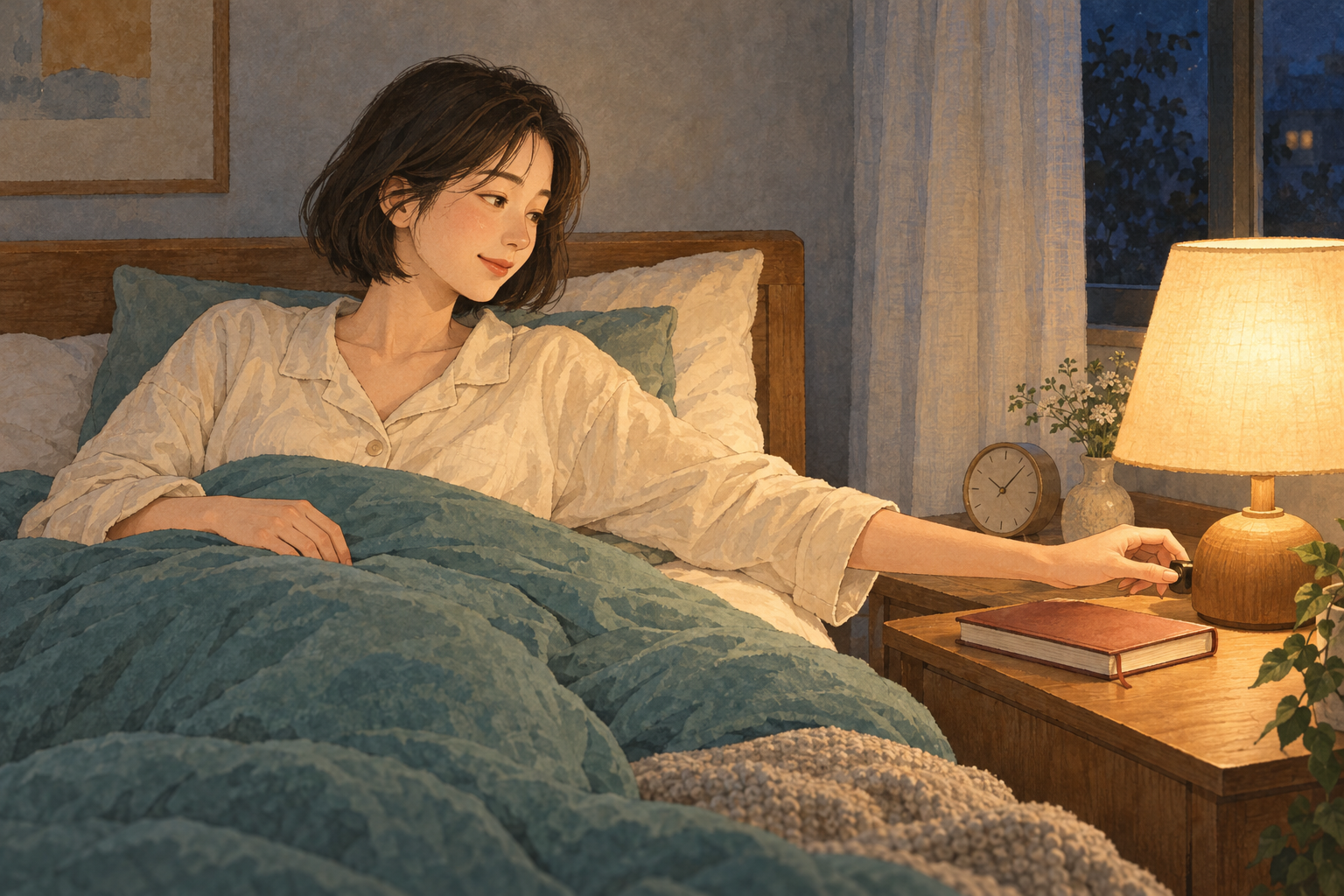 머리맡 탁자에 책을 덮어둔 사람이 침대에 앉아 조명을 끄려고 손을 뻗는다. 작은 시계와 따뜻한 불빛이 보인다.